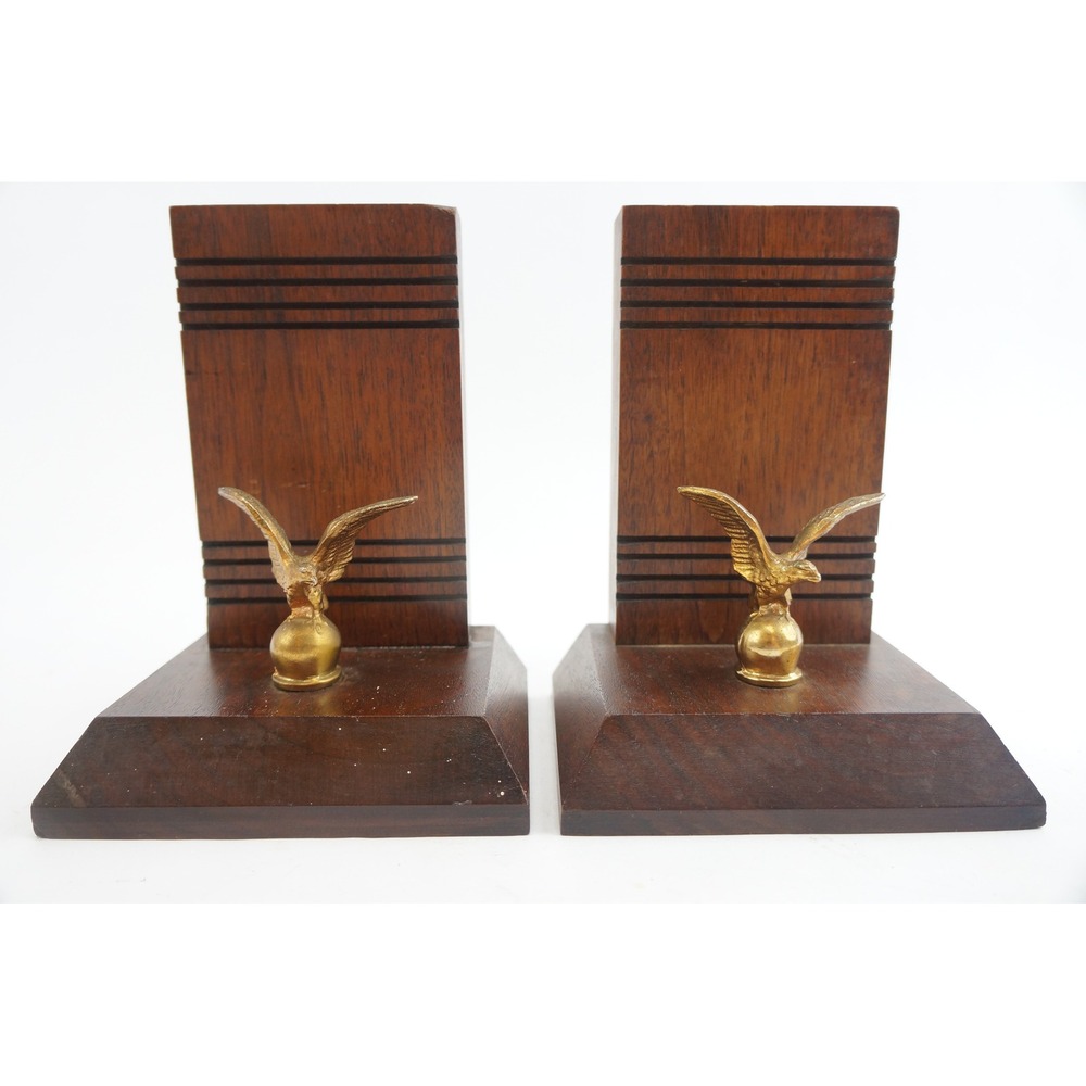 Midcentury Solid Wood Bookends Brass Eagle Figurines Vintage Office Decor Good